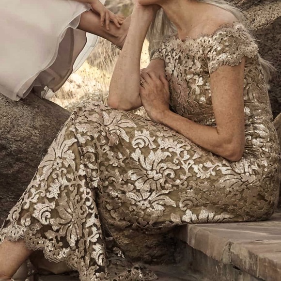 Tadashi Shoji x BHLDN Odette 4 & 10 Gold Green Sequin Lace Maxi Gown - Picture 5 of 13